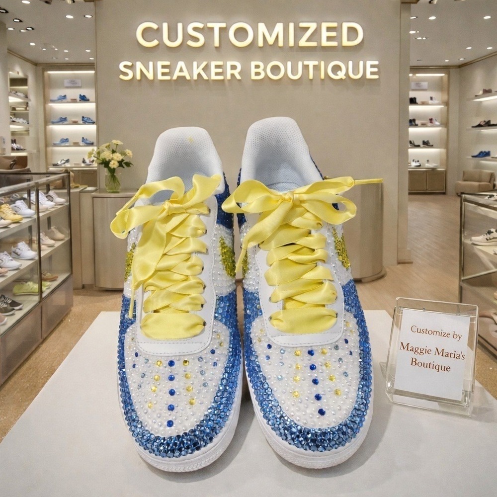 Custom Nike Air Force 1 Low Rhinestone Crystal Blue Yellow White Sneakers Womens - Picture 3 of 6